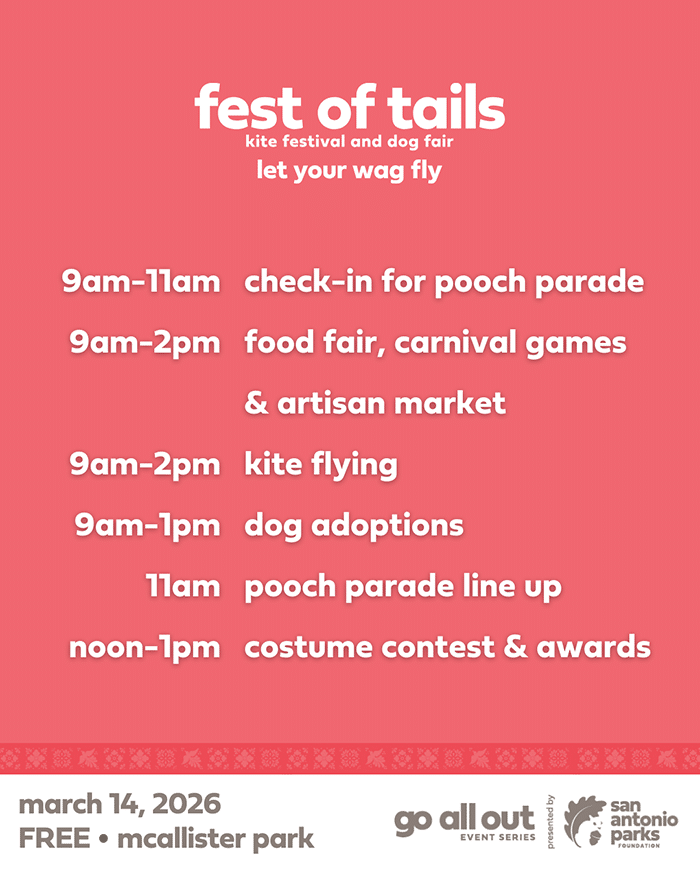 Fest of Tails kite festival and dog fair at McAllister Park on March 14, 2026, from 9am to 2pm